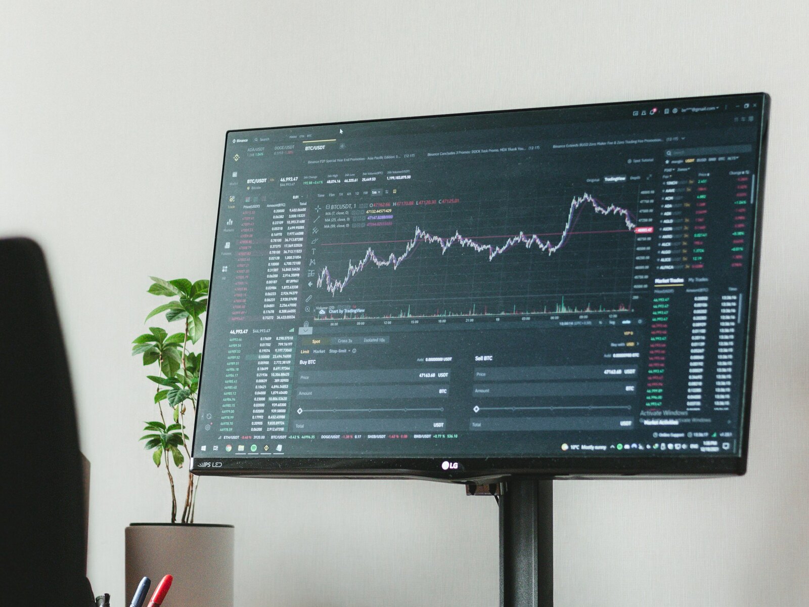 Two monitors showing data charts side by side